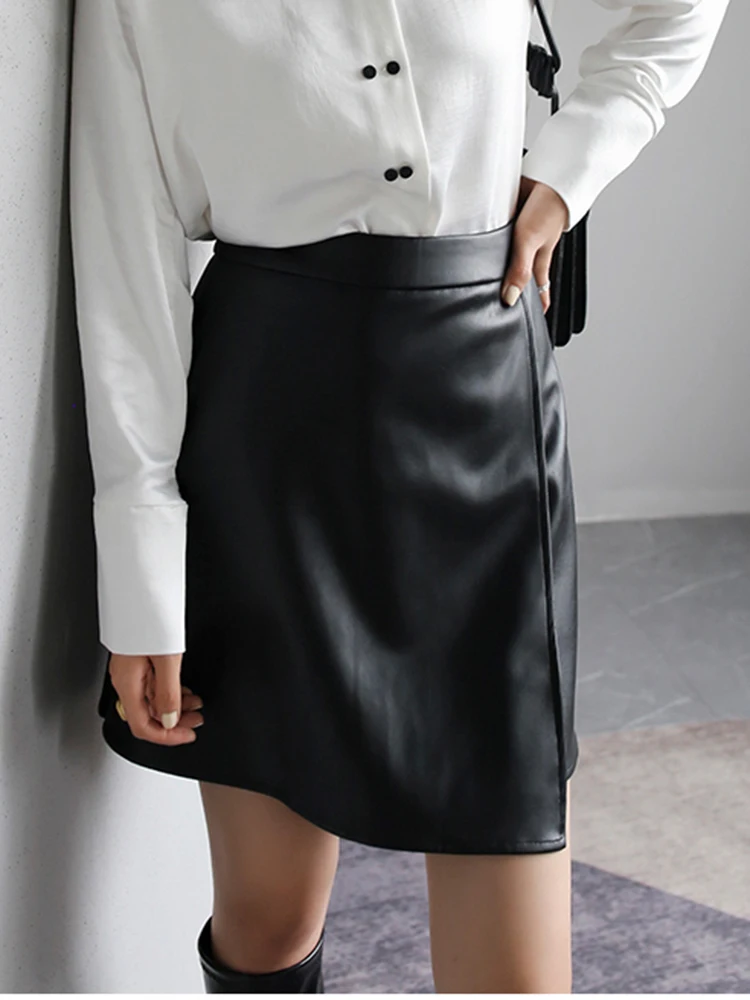 

Spring mini Faux Leather skirts for Women 2023 brown short leather skirt women Black soft light high waisted skirt