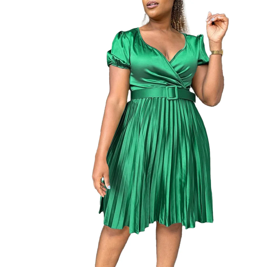 Plus Size Elegant Women Dress Ruffle Solid Belt V Neck Club Outfit Casual Luxury Gown 2023 Summer Evening Party New In Dress