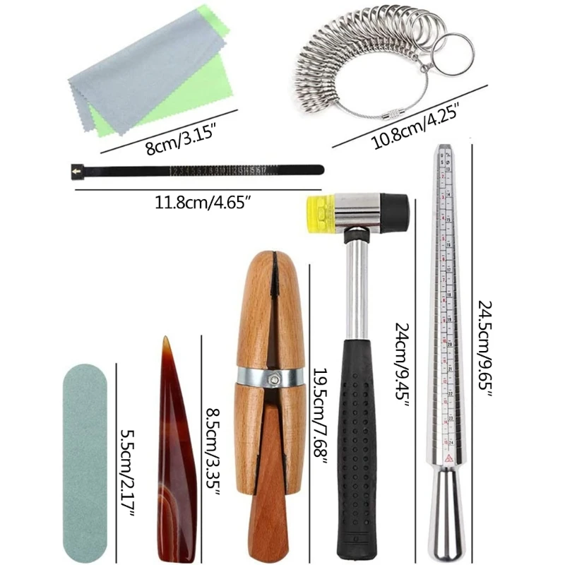 11Pcs Jewelers Rubber Hammer Mallet Finger Size Measuring Ring Mandrel Jewelry