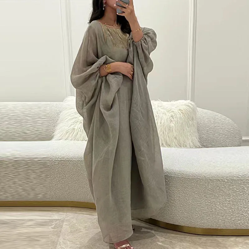 

Vintage Cotton Linen Fashion Loose Maxi Dress Elegant O Neck Tassel Loose Pullover Dress Casual Women Lantern Sleeve Long Dress