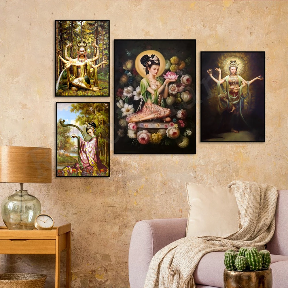 

Quan Yin. Avalokitesvara, Avalokitesvara Playing Lyre, Stunning Goddess of Mercy ornate Art Poster Decor Canvas Print