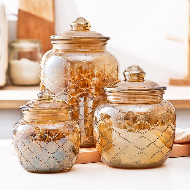 Modern Amber Grid Striped Glass Jar Food Seal Bottle Fruit Pickle Pot  Coffee Bean Tea Candy