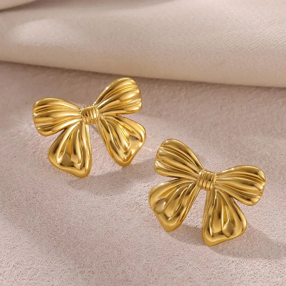 Elegant Bowknot Stud Earrings for Women Gold Color Stainless Steel