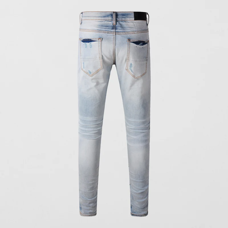 High Street Fashion Men's Jeans Retro Light Blue Elastic Tight Jeans Men's Patch Designer Hip Hop Brand Pants