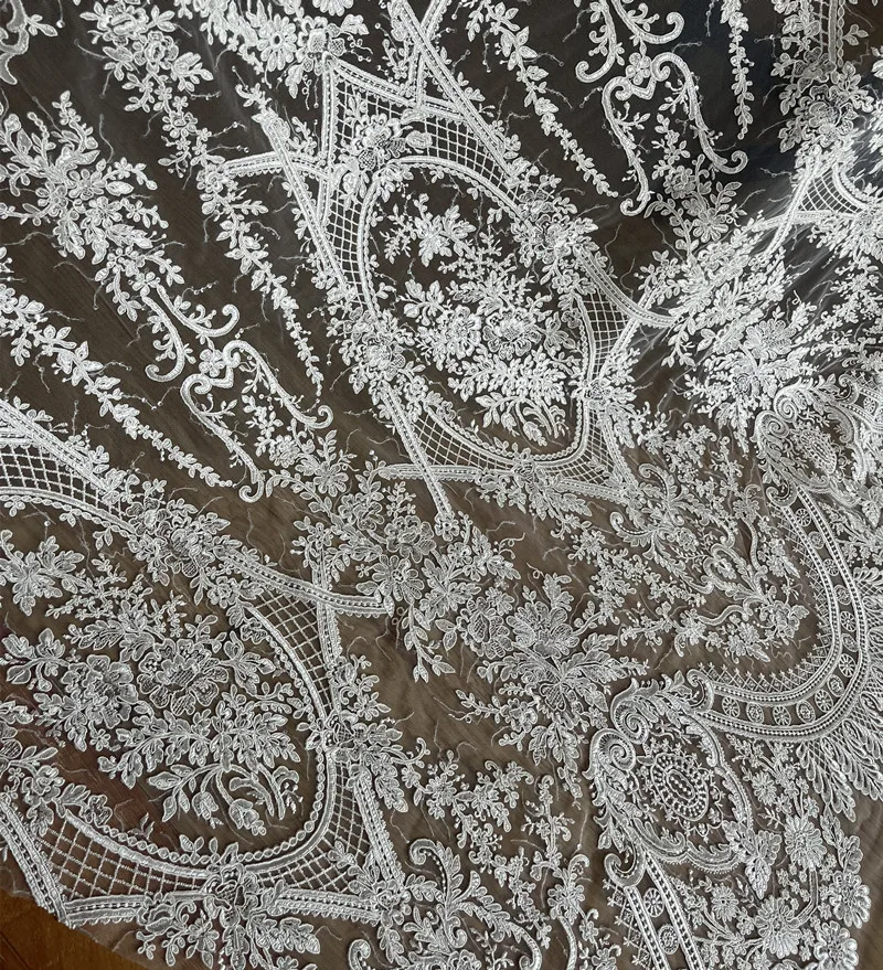 European Style Large Flower Lace Sequin Fabric DIY Wedding Dress Designer Mesh Lace Fabric