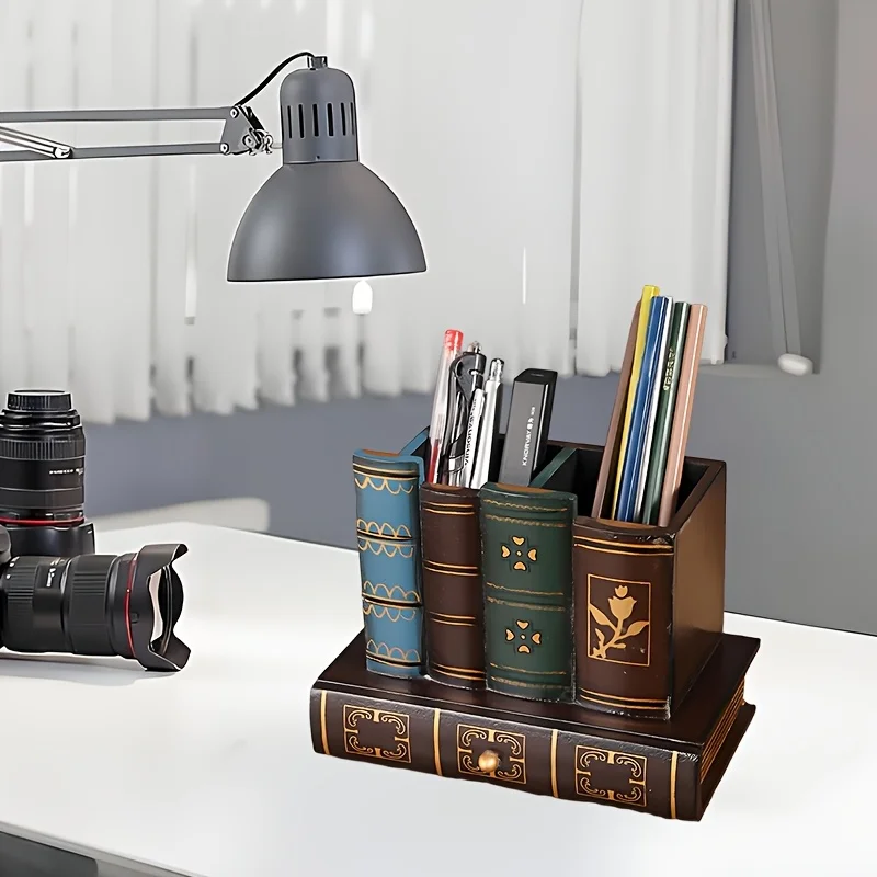 Vintage European Wooden Pen Holder - Creative Desk Organizer and Decorative Storage Box