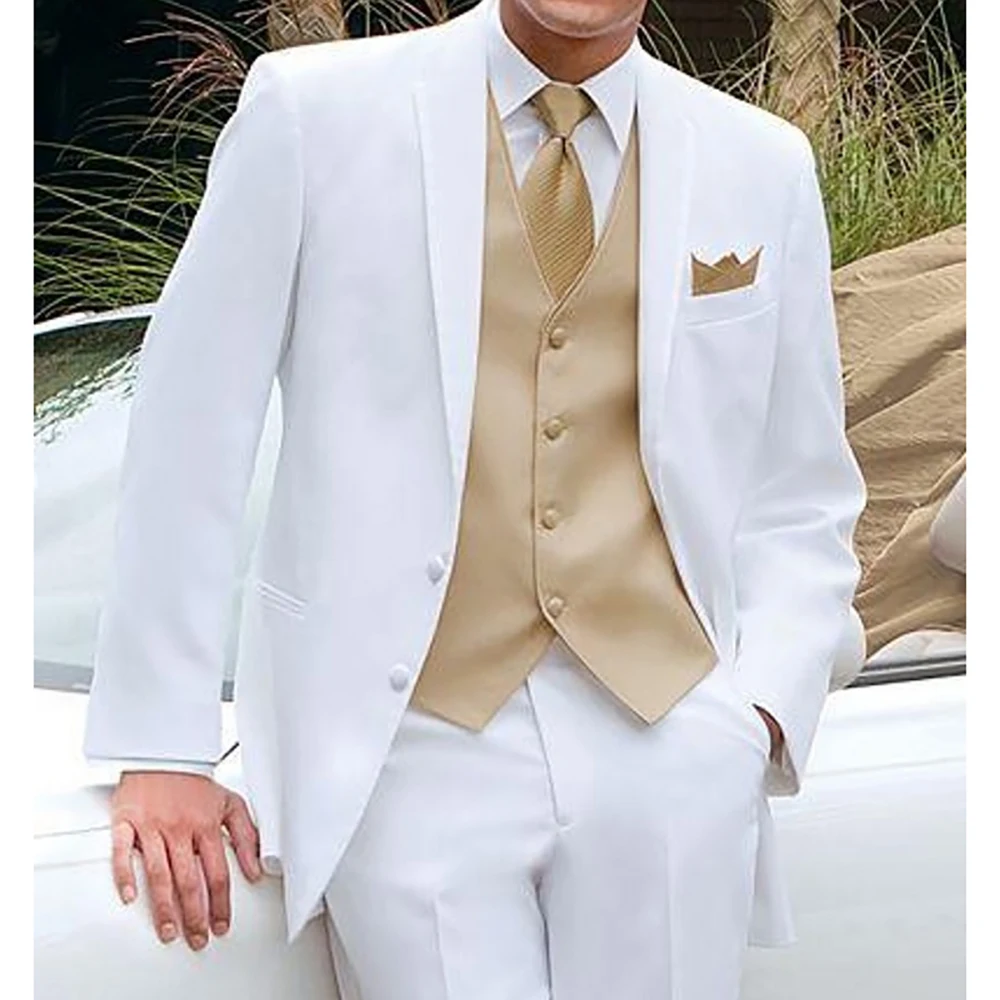Men's Suits White and Gold Elegant Wedding Tuxedo for Groomsmen Fashion Notch Lapel Single Breasted Costume 3 Piece Suits