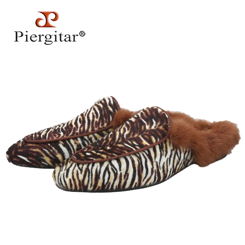 

Piergitar Tiger Patterned Cow Hair Men's Mules With Rabbit Fur For Party Wear Handmade Male Classic Smoking Slippers Plus Size