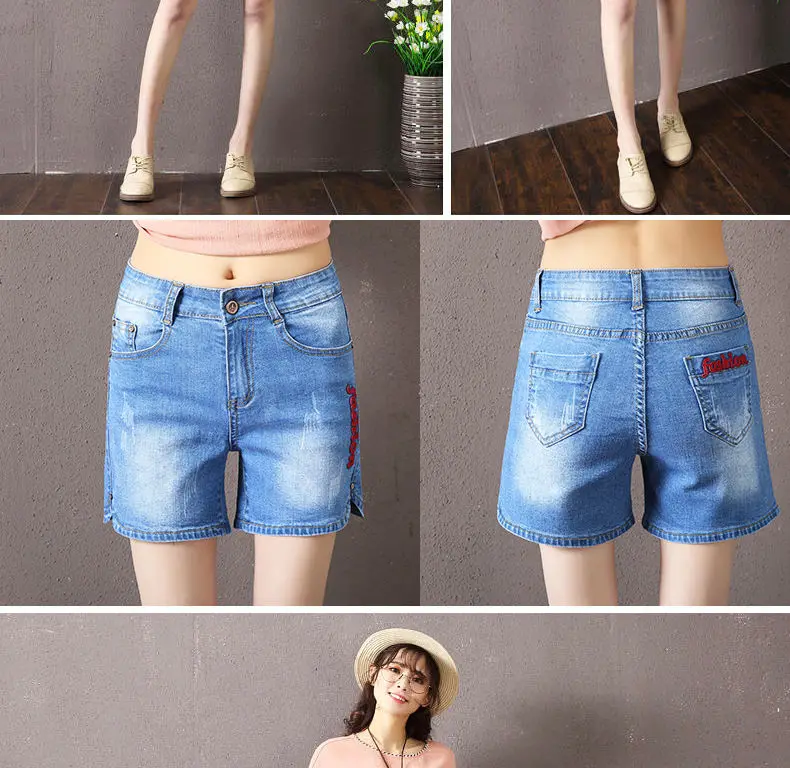 Coreano na Moda Fina de Grandes Carta Bordado Cintura Alta Denim Shorts Feminino 2022 Verão Solto Estilo Dimensões Perna Larga Calças Retas 2 2022 verão solto estilo coreano na moda