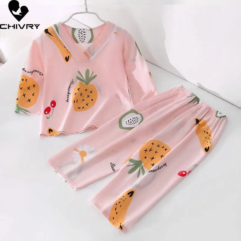 New 2023 Kids Boys Girls Summer Thin Pajamas Sets Cartoon Long Sleeve V-Neck Cute T-Shirt Tops with Pants Baby Pyjamas Homewear