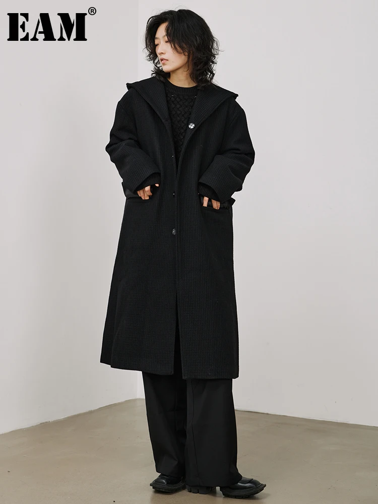 

[EAM] Loose Fit Black Back Slit Big Size Woolen Coat New Hooded Long Sleeve Women Jacket Fashion Tide Autumn Winter 2023 1DH0059