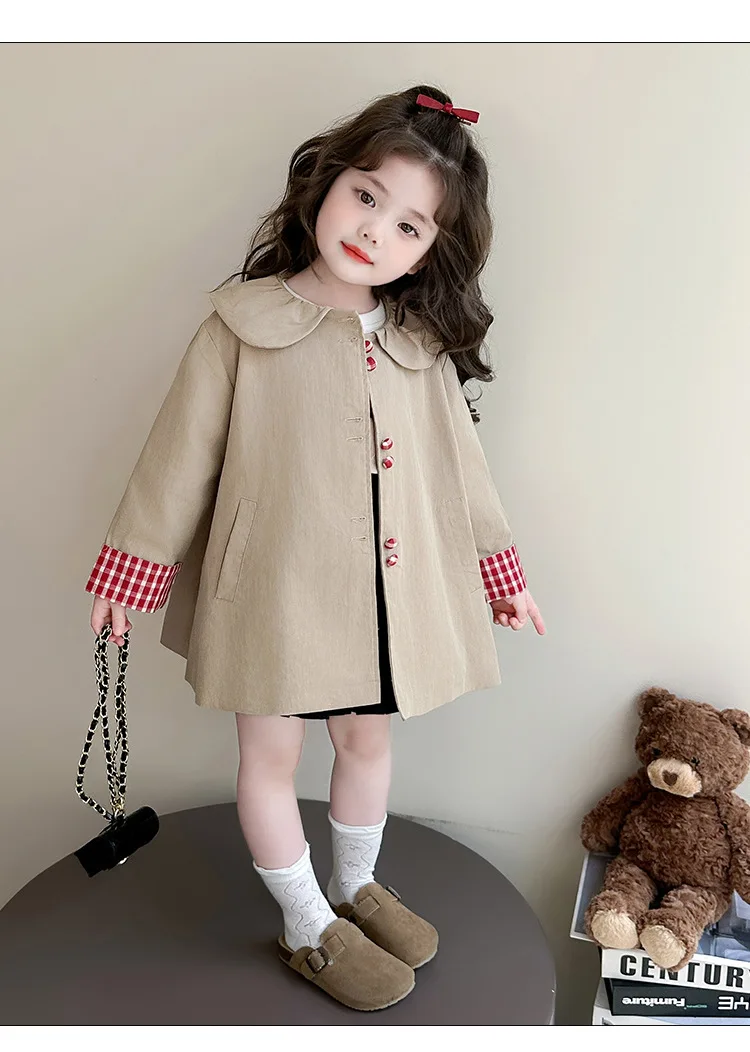 여아용 봄가을 신상 체크 버클 바람막이 코트 한국판 패션 데일리 스타일 캐주얼웨어