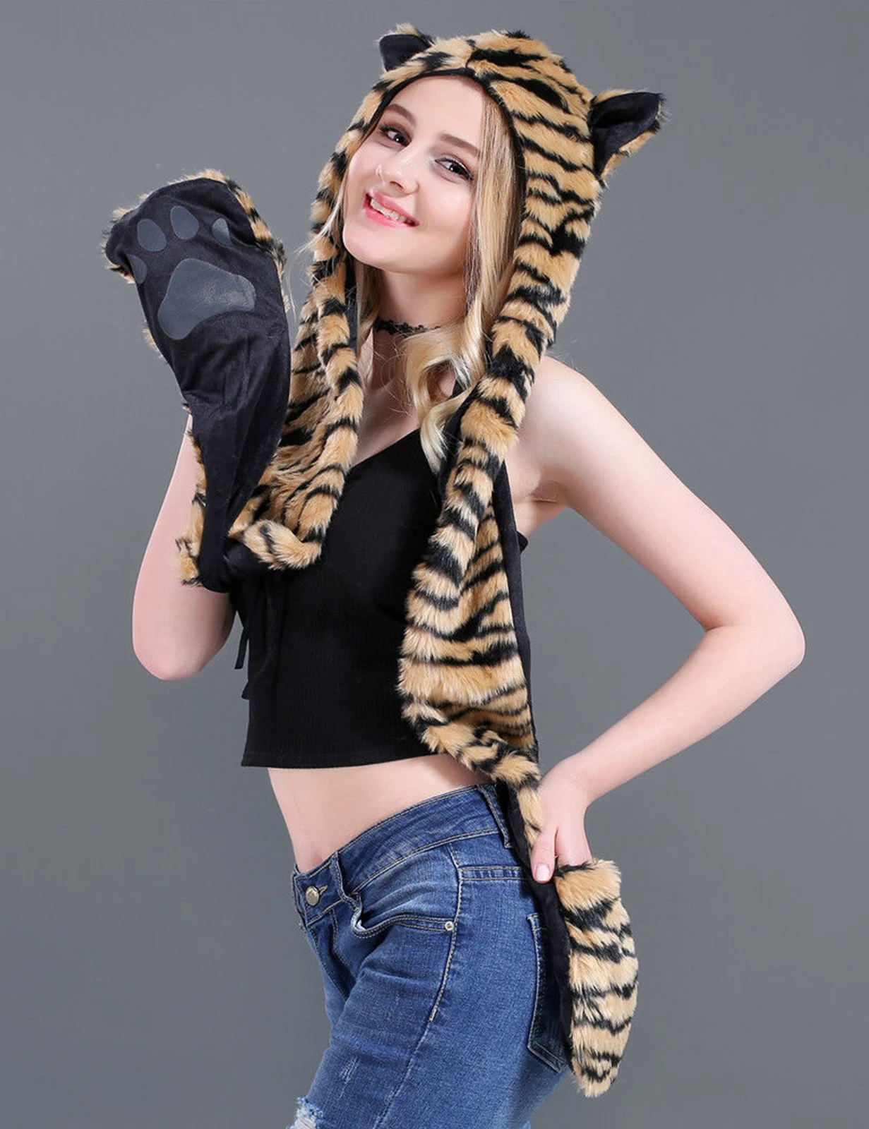 Tiger, Autumn and Winter Nnovelty Faux Fur Hoods Animal Hat Scarf Gloves 3 in1 Fleece Hooded Plush Warm Earmuff Party Caps