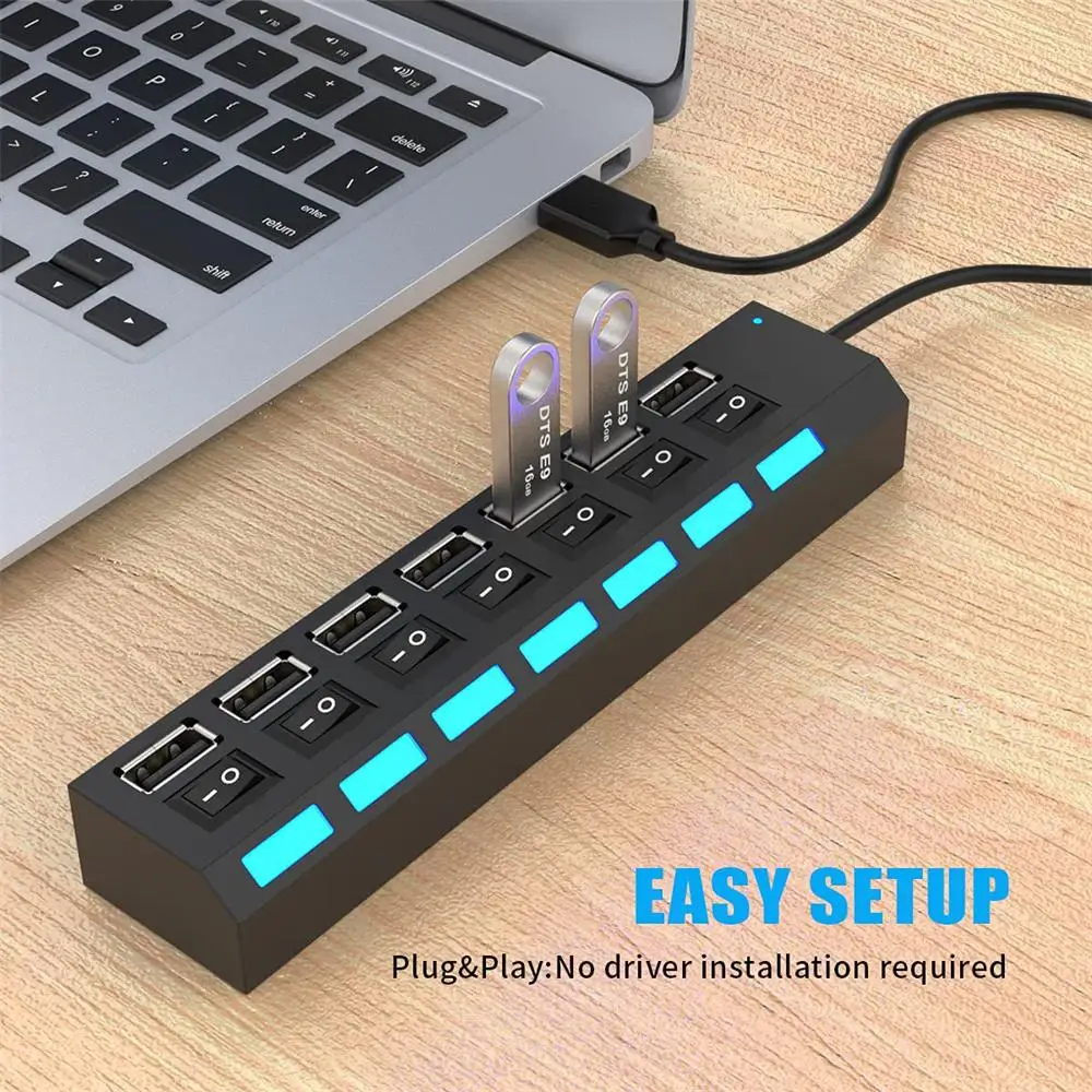 Multi Port USB Splitter，7 Port USB 3.0 Hub, USB A Port Data Hub with  Independent On/Off Switch and LED Indicators, Lights for Laptop, PC,  Computer