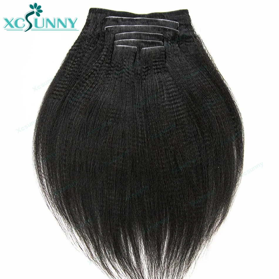 Invisable Edge Clip Ins Human Hair Extensions Yaki Straight Injected PU Tape Weft Clip In Hair Extensions 7Pcs/set Clip on Hair 2