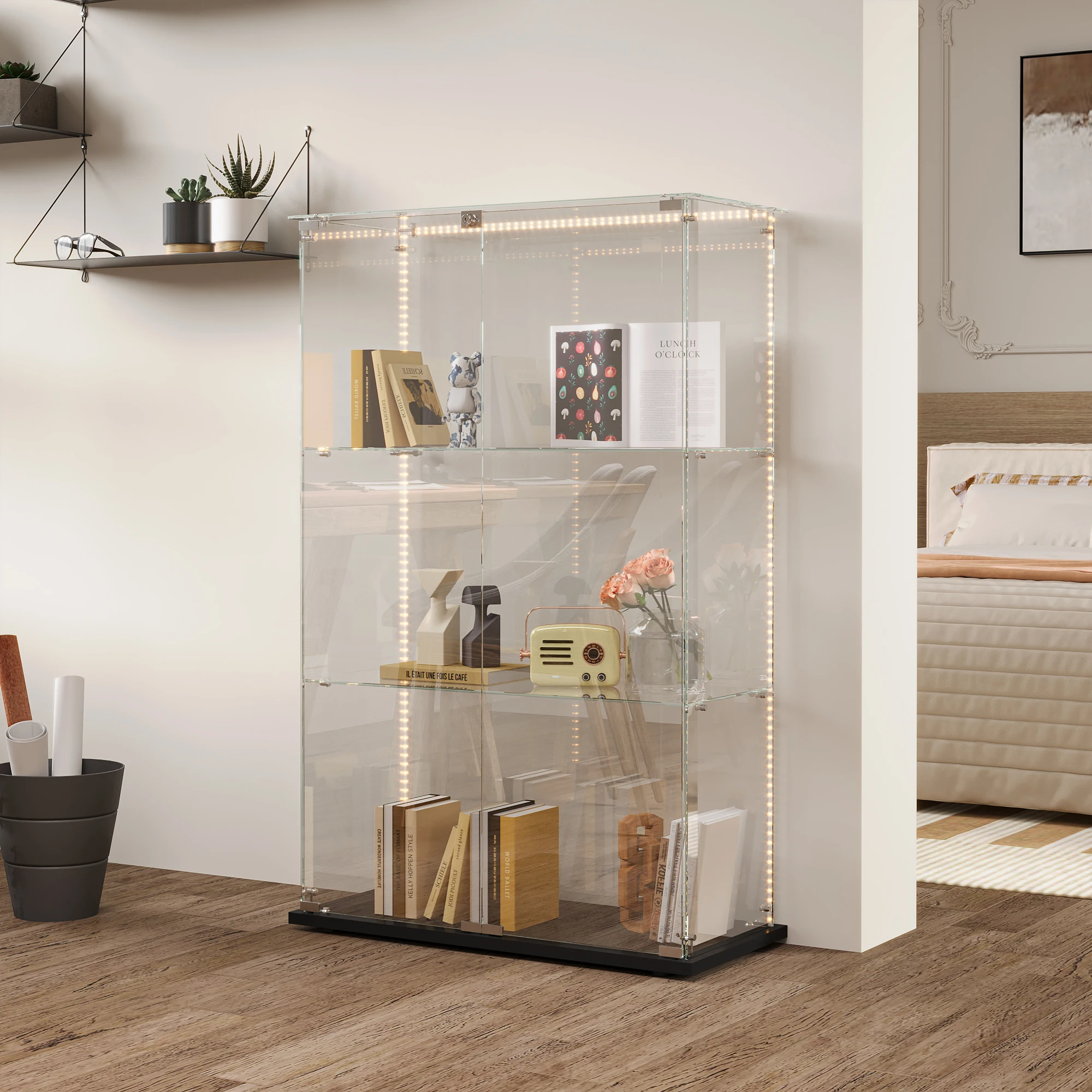 Lazyspace 3-stöckiges Dekoratives Regal mit LED-Beleuchtung, Glas-Vitrine für Bar, Wohnzimmer, Raumdekoration – Detail 10