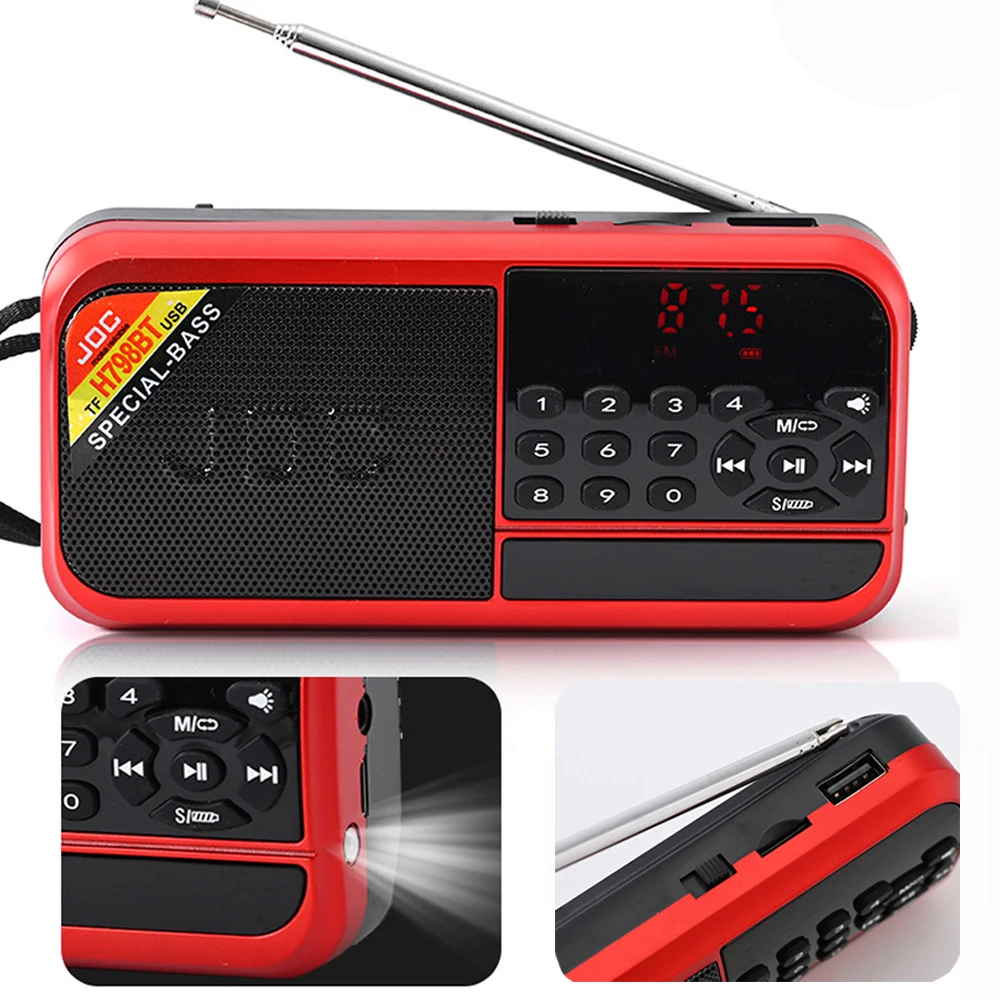 미니 휴대용 포켓 FM 라디오 LED 라이트 USB MP3 블루투스 스피커 라디오(워크맨용 충전식 배터리 포함) 하이킹용