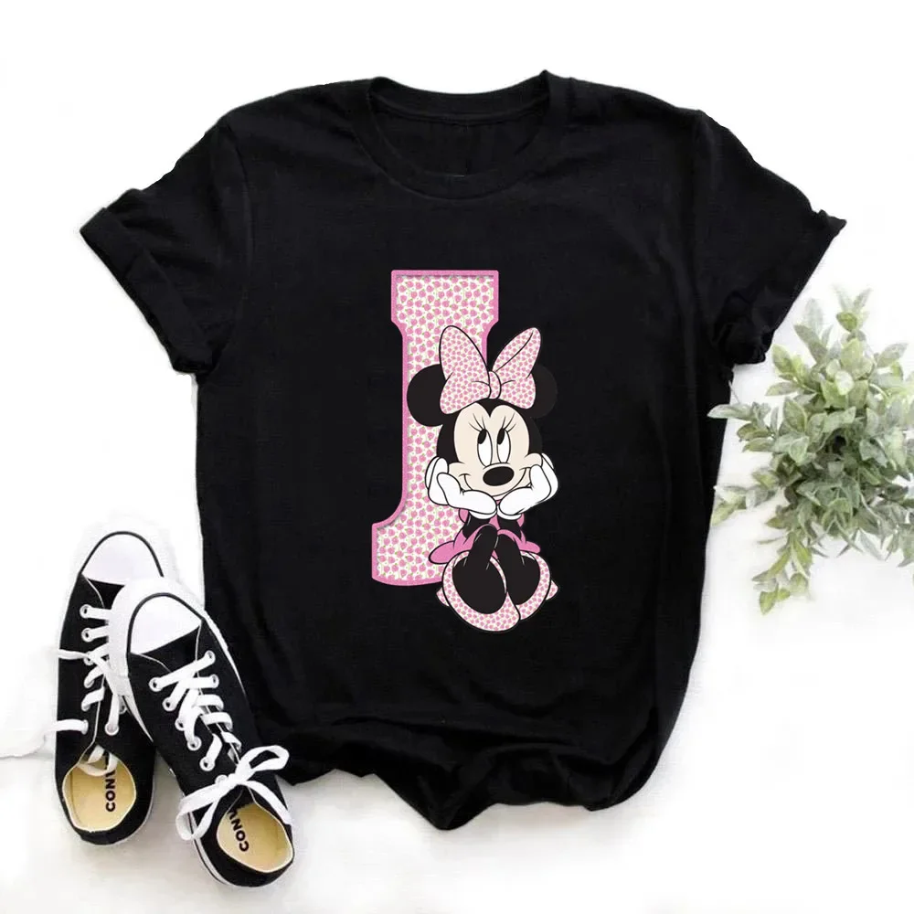 thumbnail image 1 of Camiseta de algodón para niños de Disney Minnie Mouse, divertida camiseta con estampado de 26 letras mayúsculas de la A a la Z, camisetas góticas para niñas, camisetas kawaii de verano, 1 of 5