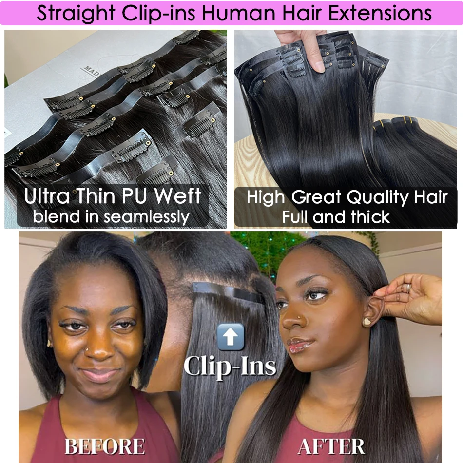 Extensions de cheveux humains naturels (100 g, non traités), 7 pièces/ensemble, clips invisibles, couleur #1B, longues, tissage PU, lisses._voghion.com