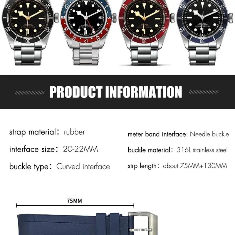 SCHIK Curved End Rubber Silicone Watchband 22mm 20mm for Tudor Black Bay 41mm Pelagos 42mm 1958 Blue Sports Watch Strap