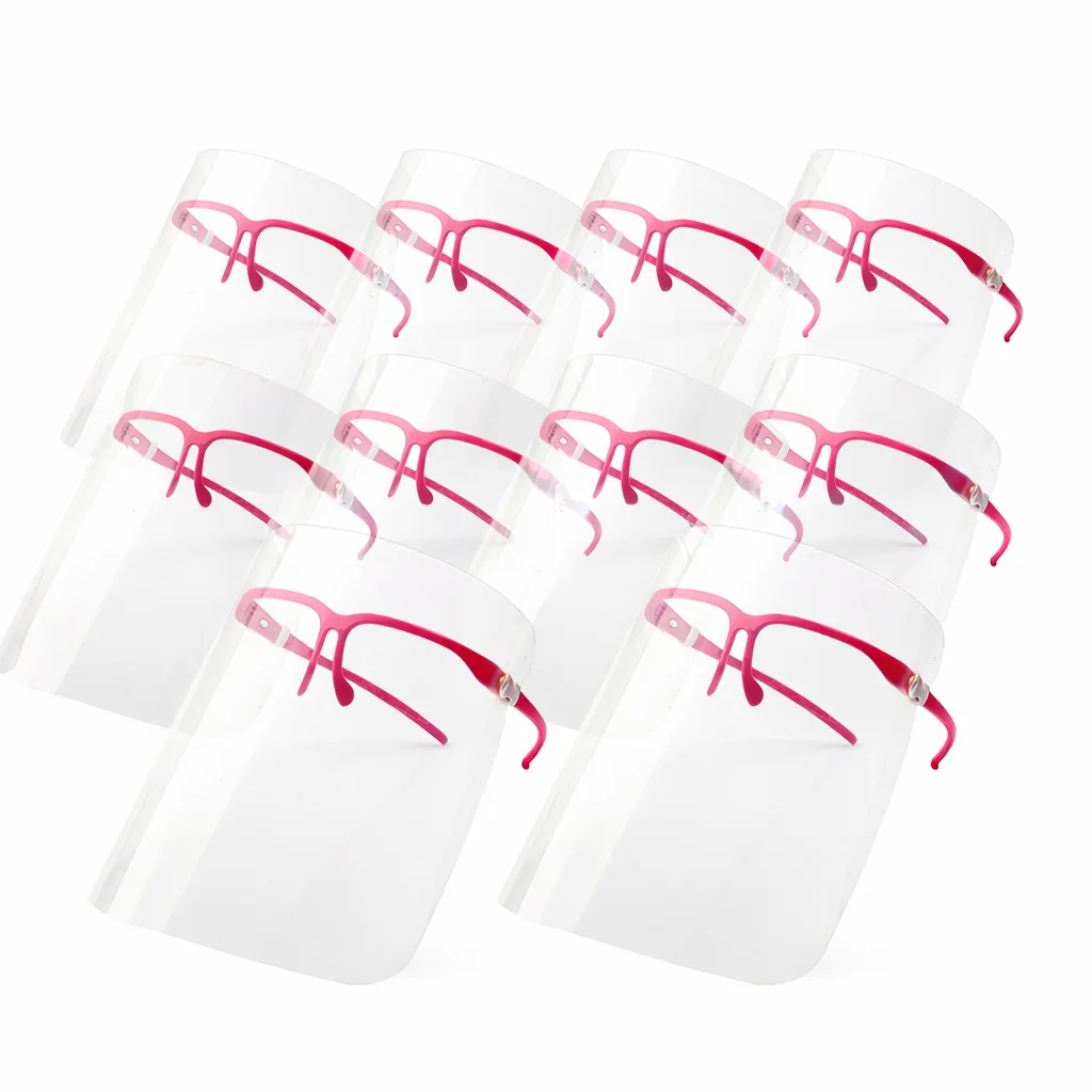 Paquet de 10 écrans de protection faciale anti-éclaboussures pour lunettes, empilés sur une surface blanche.