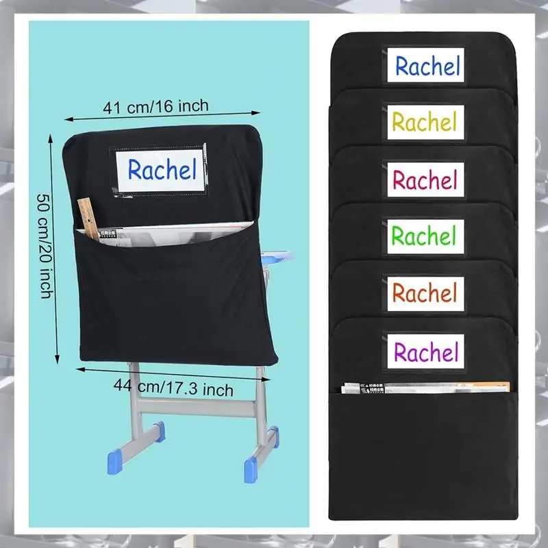 A84K-6Pcs Chair Storage Pocket Chair Bag Pockets For Classrooms Student Pockets Organizer With Name Tag