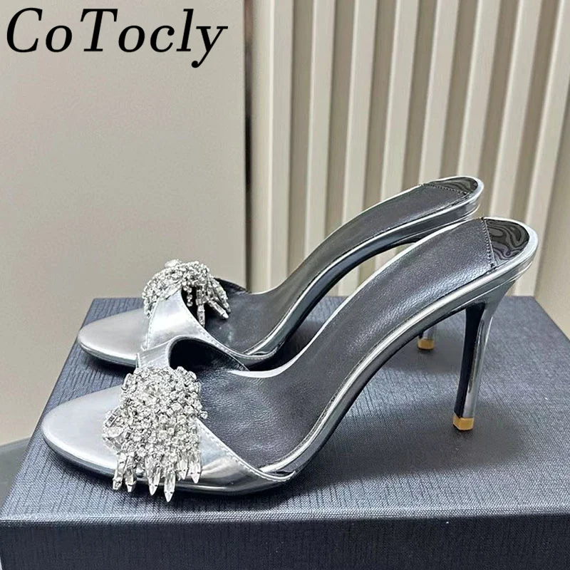 

New High Heels Slippers Women Luxury Rhinestone Flower Summer Party Shoes Patent Leather Slides Peep Toe Stiletto Sandals Woman