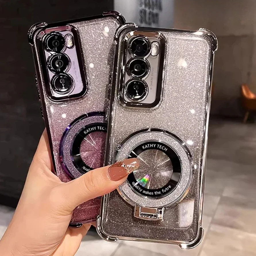 Gradient color magnetic magsafing glitter case for Samsung S23 Ultra with fold stand.