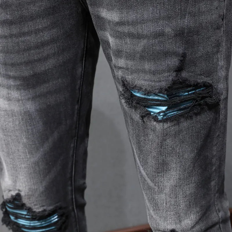 Streetwear Fashion Men Jeans Retro Black Gray Stretch Skinny Fit Ripped Jeans Men Leather Patched Designer Hip Hop Brand Pants