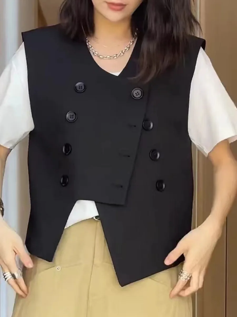 Women Vest Black Double-breasted Vintage Sleeveless Cardigan Cropped Jacket Irregular Coat Office Lady Tank Tops New Vests