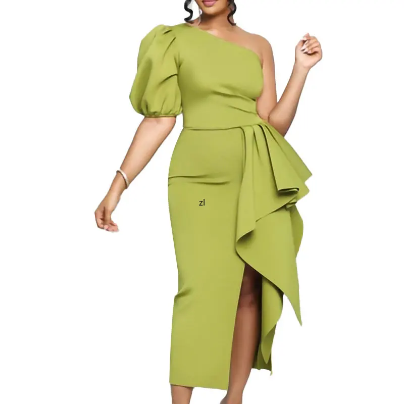 

2023 Summer Elegent African Women Half Sleeve Yellow Red Polyester Knee-length Dress African Dresses for Women S-3XL With Belt
