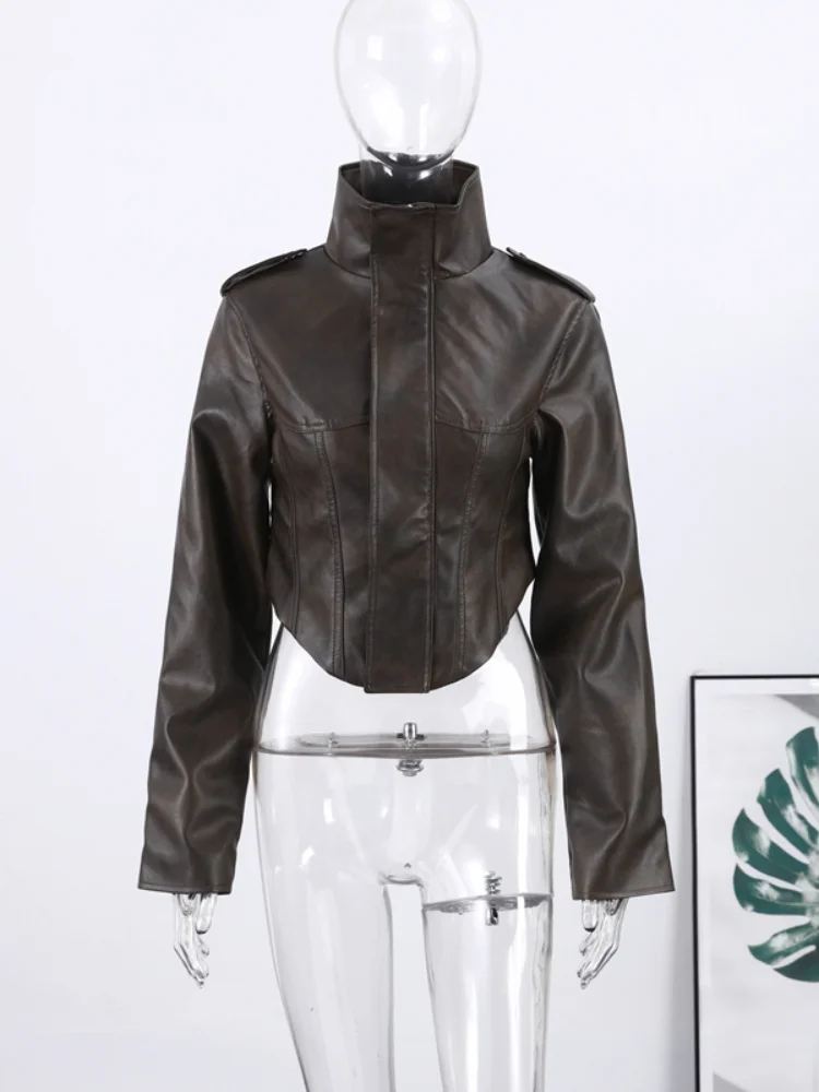 Vintage Women's Cropped Faux Leather Jacket Stand Collar Balloon Sleeve Biker Style PU Leather Coat Streetwear Fashion Outfit