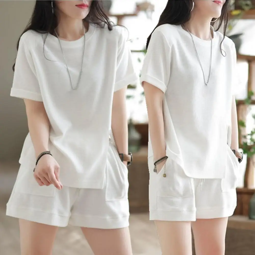 Fashion Sports Shorts Lint Free Dress-up Non-Fading Women Loose Shirt with Shorts Two-piece Suit Short Sleeve Wide Leg 5