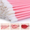 50pcs Nude Pink Microblading Disposable Lip Brush Nylon Head Lip Coloring Wand Applicator Disposable Makeup Brush