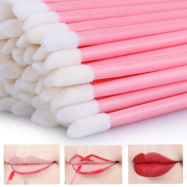 50pcs Nude Pink Microblading Disposable Lip Brush Nylon Head Lip Coloring Wand Applicator Disposable Makeup Brush