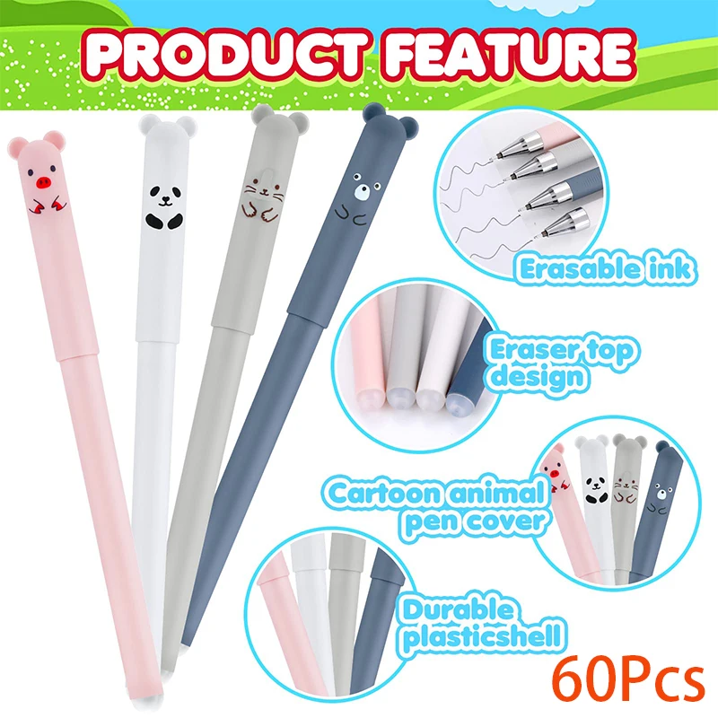 

60Pcs Erasable Pens Cute Animal Writing Gel Ink Pen Cartoon Cat Pig Bear Panda Black Ink Ballpoint Rollerball Pens