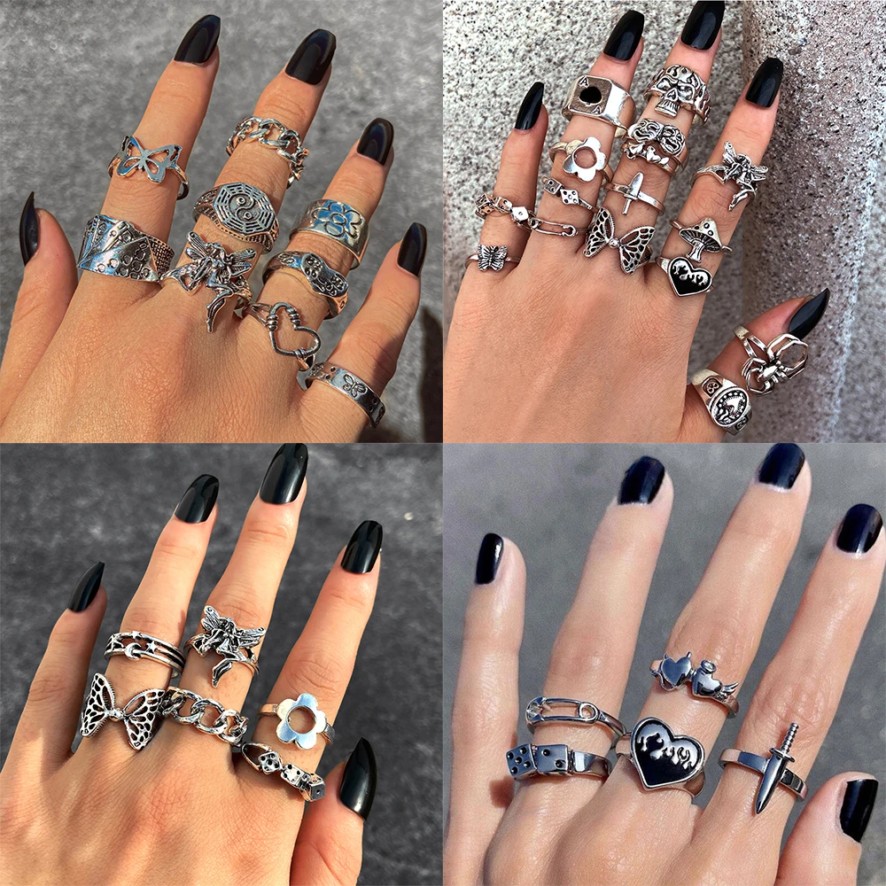 Punk Gothic Heart Ring Set Women Black Dice Vintage Spades Ace Silver Plated Retro Rhinestone Charm Billiards Finger Jewelry ring set,finger ring,silver ring,sparkling heart ring,jewelry accessories
