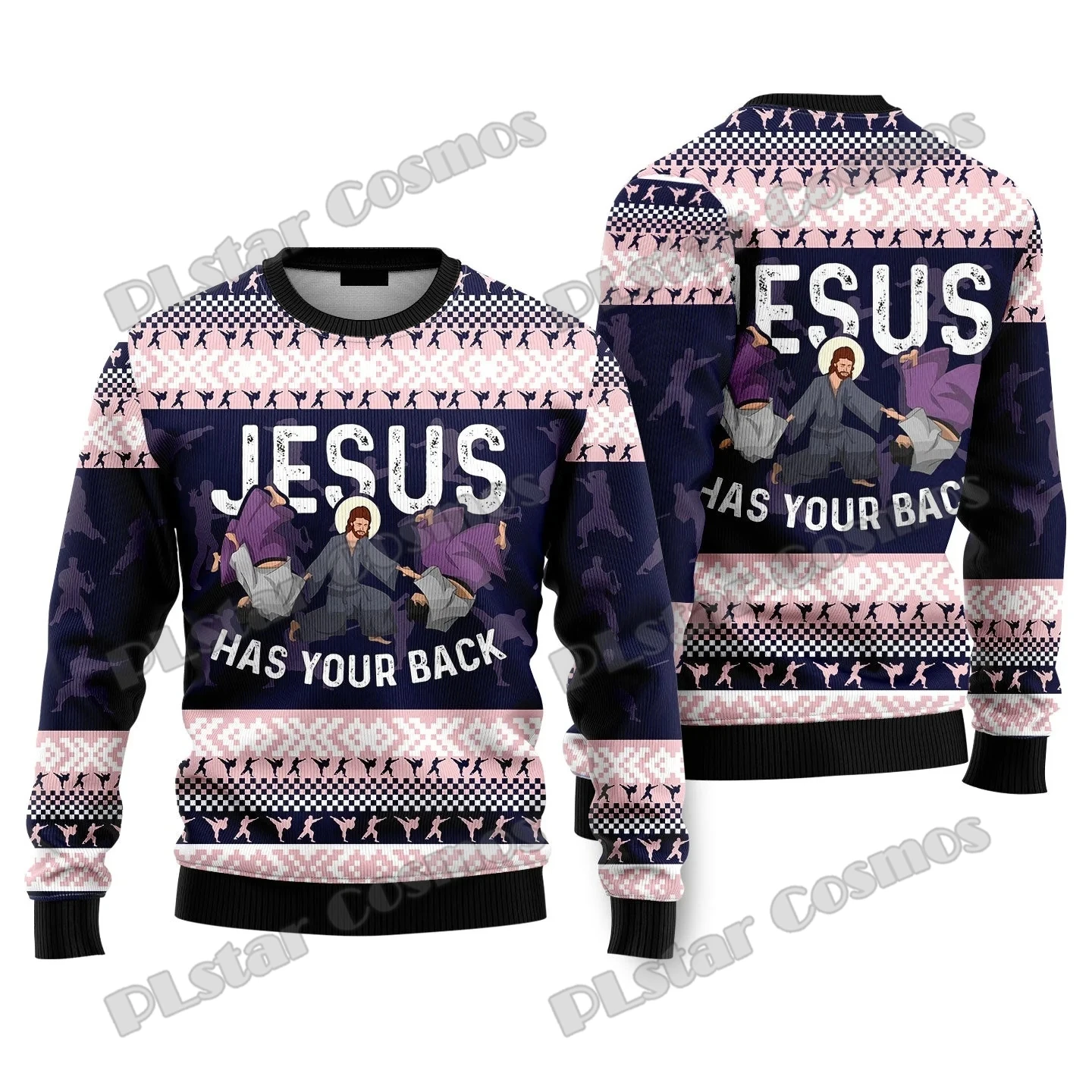 thumbnail image 1 of Suéter navideño feo con estampado 3D de Jiu Jitsu con Jesús te respalda para hombres y mujeres, suéter de punto informal de invierno MY19, 1 of 4