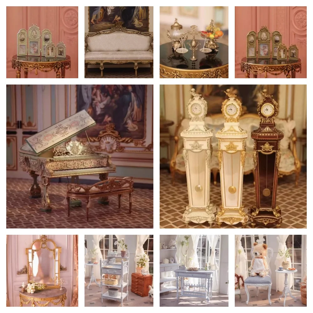 1/6 DollHouse Decoration Miniature Furniture Retro Court Sofa Floor Clock French Table Chair Baroque Piano Decoration Diy Gift