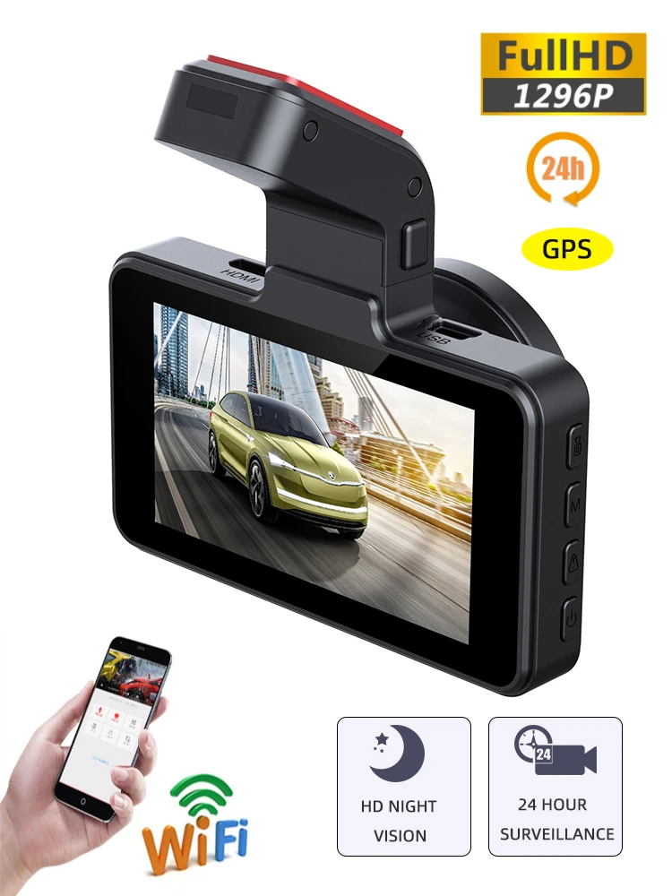 Dash Cam Car Dvr 24h Hd 1296p Camera Dual Lens Video Recorder Black Box