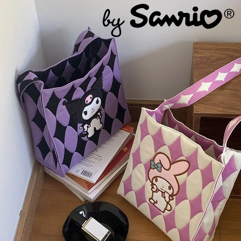 

2023 Sanrio Hello Kitty Kuromi Cinnamoroll Shoulder Knitted Women's Bags Wallets Handbag Ins Anime Kawaii Cartoon Creative Girls