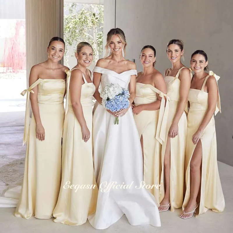 Sexy Long Champagne Bridesmaid Dresses Bow on Straps Satin Wedding Guest Dress Leg Split Maid of Honor Gowns Plus Size