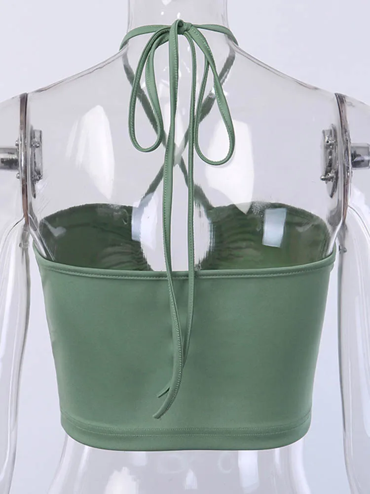 Sexy Solid Lace Up Bow Halter Ruched Crop Top Fashion
