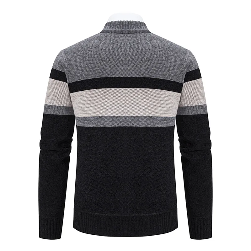 New Autumn Winter Fashion Striped Cardigan Men Slim Knitted Sweaters Outerwear Mens Stand Collar Zipper Knitting Sweatercoat Man