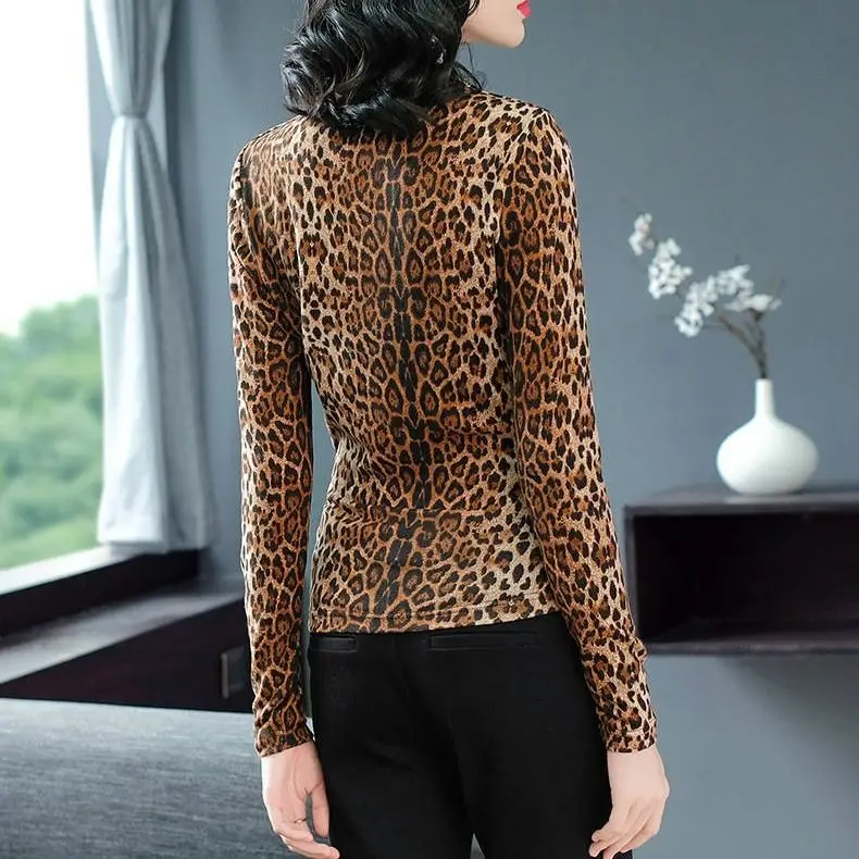 Blouse Femme Imprimé Léopard - Col V, Manches Longues Lanternes - Tunique Décontractée En Polyester - Style Vintage - 3