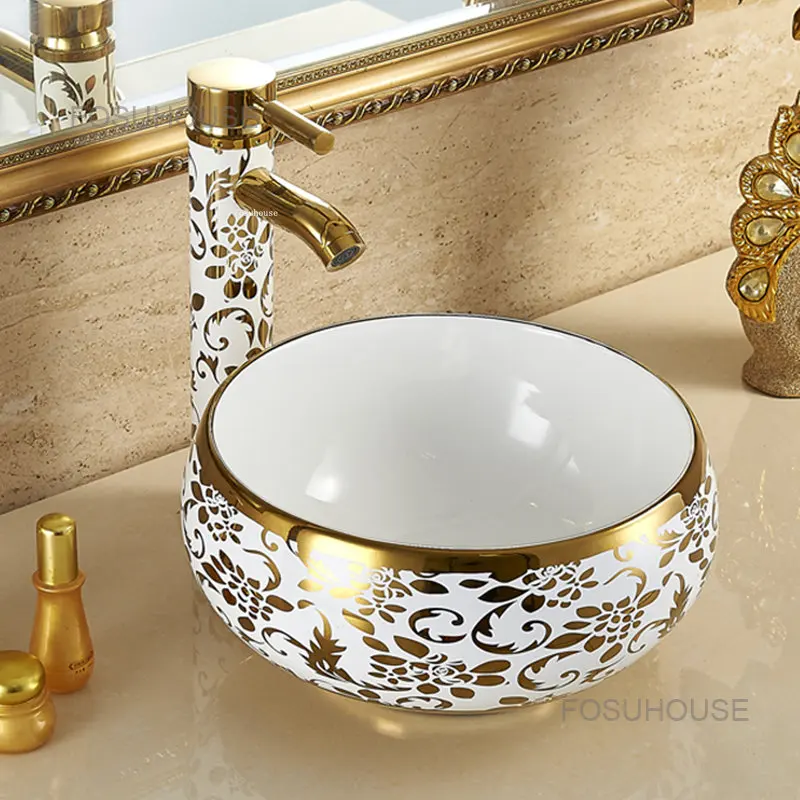 European luxury Gold Round Bathroom Sinks Nordic Kitchen Washing Sinks