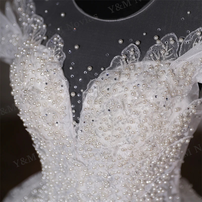 Exquisite Off Shoulder Luruxy Wedding Dress 2024 New Bride Small Main Yarn Super Heavy Industry Beading Pearls Tail Princess