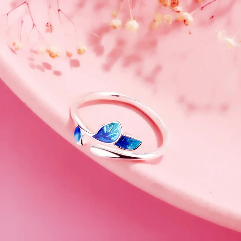 Silver Rings Female Resizable Opening Leaves Branches Enamel