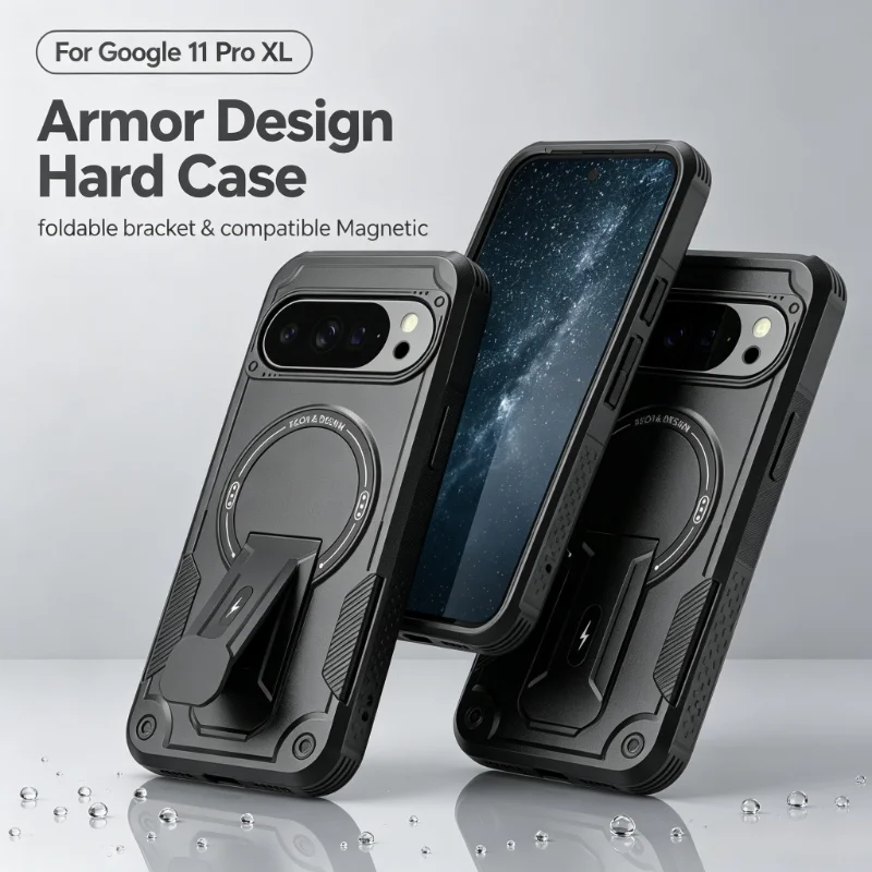 Armor Hybrid Shockproof Phone Case with Foldable Stand and MagSafe Compatibility