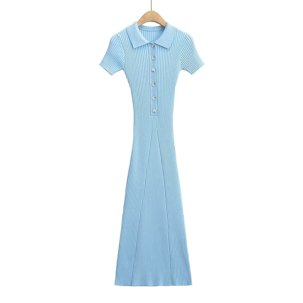 Ribbed High Waist Slim Maxi Dress For Women Knitwear Lapel Casual Elegant Party Dress Gown Fashion Short Sleeve Knit Dress